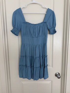 Blue Square-Neck Tiered Mini Dress
